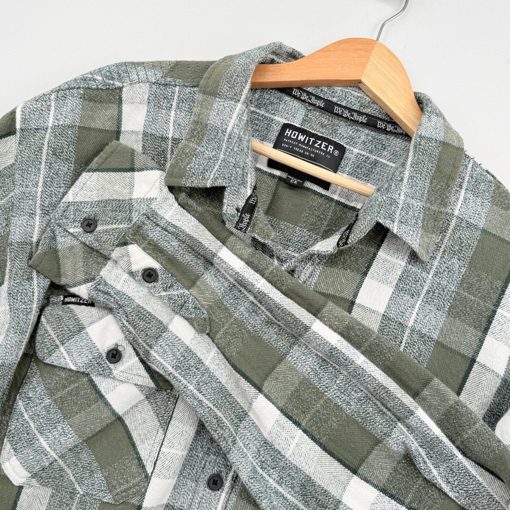 Howitzer Plaid Button Down Top Mens 2X Green White Patriot Skull Gorpcore Rugged